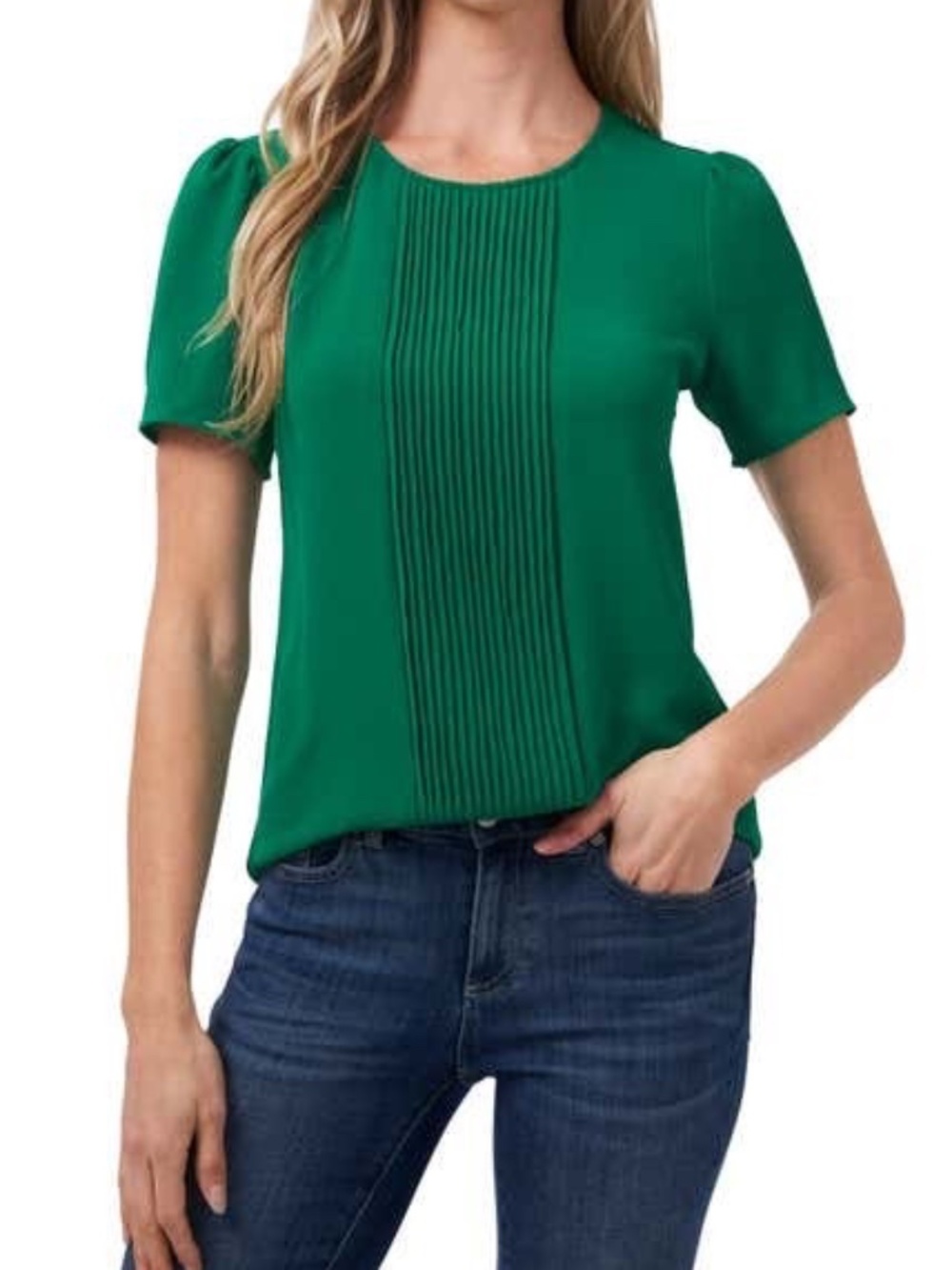 NEW Cece Women's Green Pleated Front Short Puff Sleeve Shirt Blouse Top Size XS